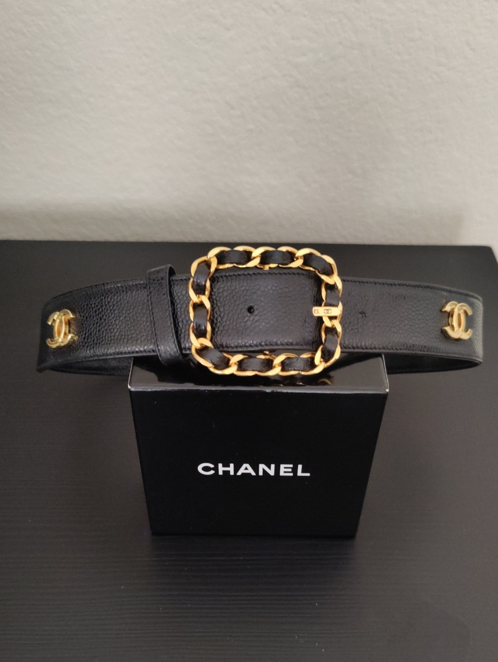 CHANEL Vintage Black Leather Belt with Gold Chain Buckle